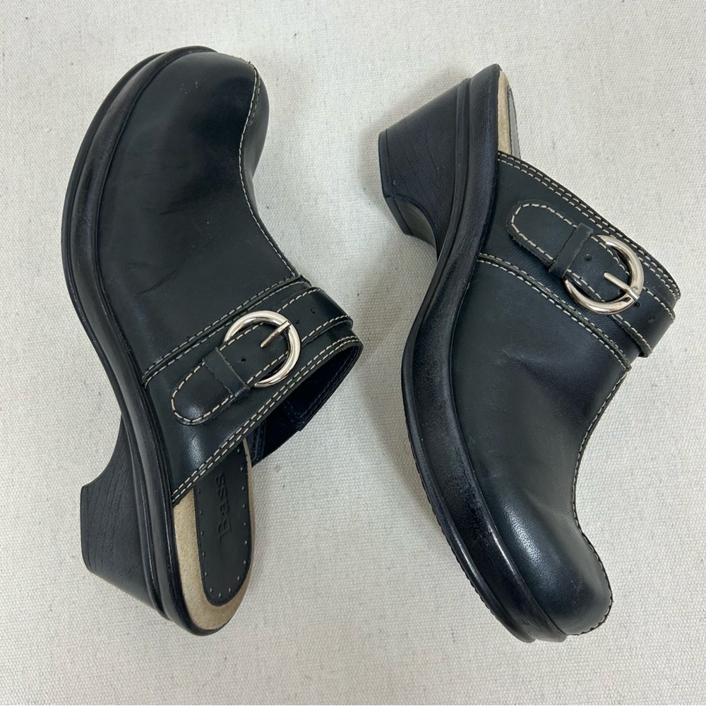 BASS Navy Blue Chunky Sole Clogs with Silver Buckle